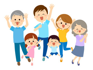 喜びでジャンプする三世帯家族