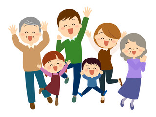 喜びでジャンプする三世帯家族