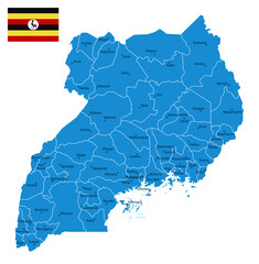 Uganda - detailed blue country map with cities and regions. Vector illustration.