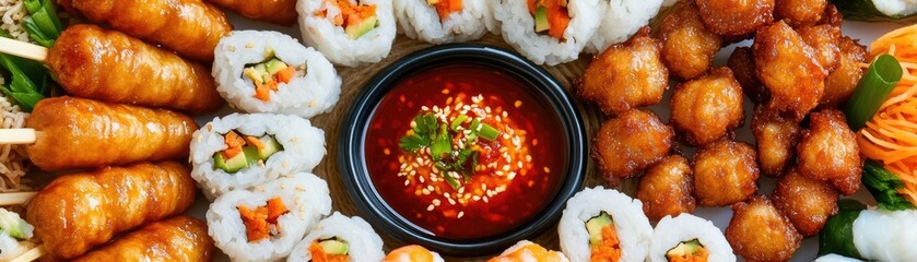 A vibrant platter featuring sushi rolls, crispy fried items, and a dipping sauce, beautifully arranged for a delicious feast.