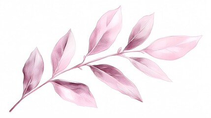 Fototapeta premium Watercolor Pink Branch with Delicate Leaves Isolated on White Background