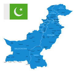 Pakistan - detailed blue country map with cities and regions. Vector illustration.