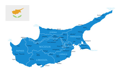 Cyprus - detailed blue country map with cities and regions. Vector illustration.