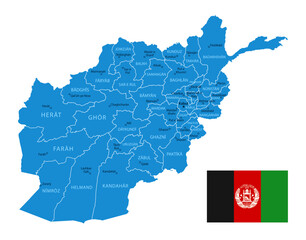 Afghanistan - detailed blue country map with cities and regions. Vector illustration.