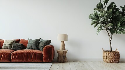 Cozy living room with a sofa, lamp, and plant decor.