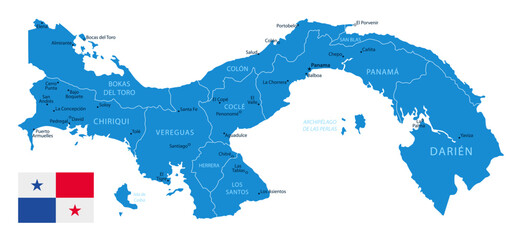 Panama - detailed blue country map with cities and regions. Vector illustration.