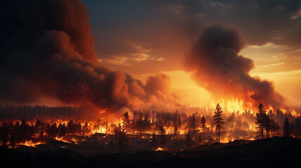 A group of firefighters in helmets and protective gear work together in a smoky forest, using tools to control a blazing fire as flames rise and ash fills the air, surrounded by charred trees.