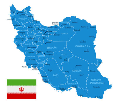 Iran - detailed blue country map with cities and regions. Vector illustration.