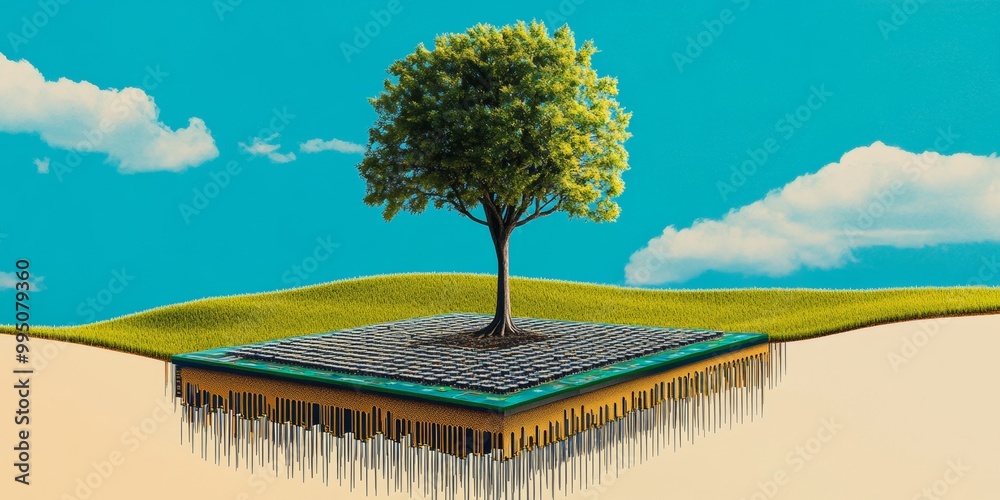 Poster minimalist conceptual art tree growing from microchip on abstract landscape
