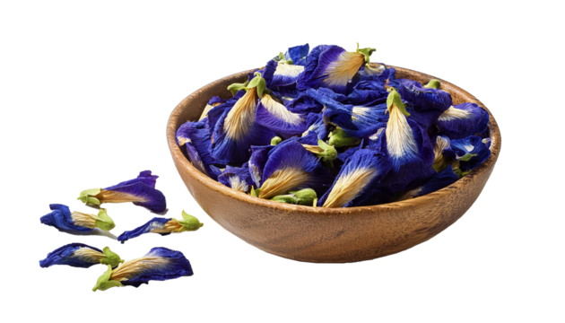 Bowl of dried butterfly pea flower on transparent background, flat lay png