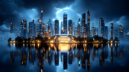 Obraz premium Cityscape Night Reflection - Illuminated Skyscrapers & Water