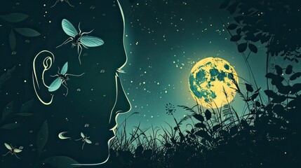 A fantasy illustration of mosquitoes performing a musical serenade under a moonlit sky, with a human ear as their stage.
