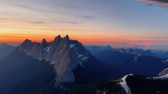 Flying over the beautiful panorama of mountain ranges at dusk.