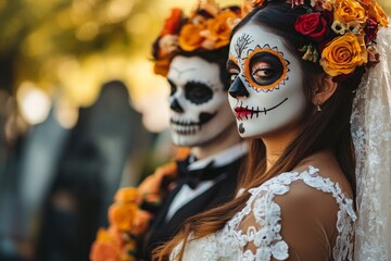 A bridal couple with typical Mexican make up and costumes at the cemetery. generative ai