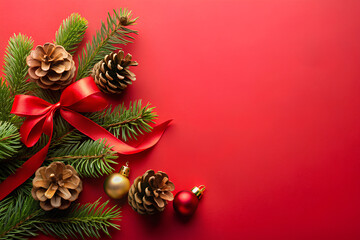 Christmas background with Red and black ribbon decorate with pine branch and pine cone over red background. Top view with copy space, flat lay