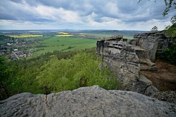 Fototapeta premium Sunset in Bohemian Paradise. Aerial view from Drabske svetnicky castle ruins