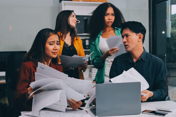 Stress, business people and employee frustrated with multitasking, pressure or overworked by team...