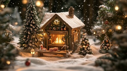 A cozy cabin shines with lantern light amid snow, evoking warmth and holiday joy.