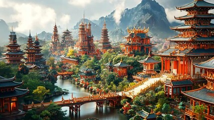 Ancient Chinese Village Nestled in Misty Mountains