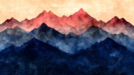 Abstract Watercolor Mountain Range Illustration   Blue and Red Peaks