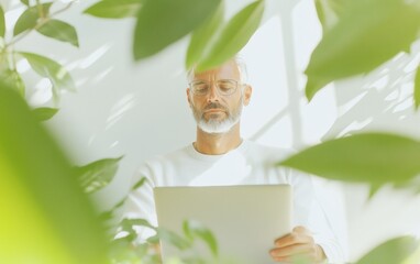 Mature Man Using Tablet in Sunlit Office Garden, Embracing Modern Technology and Sustainability