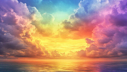 Obraz premium A dreamy sky transitioning from a golden sunset to a full spectrum of rainbow colors, giving off a vibrant yet calming feel