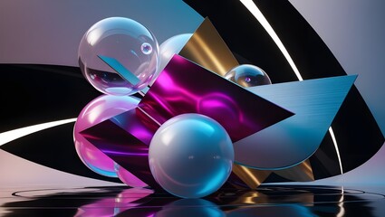 Fototapeta premium A futuristic composition featuring overlapping translucent spheres and sharp, angular planes in motion.