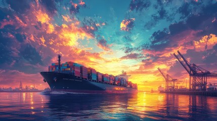 Large cargo ship carrying containers in an ocean during a beautiful sunset background