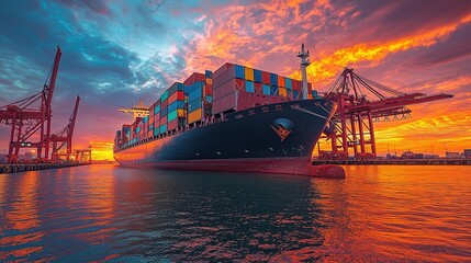 Large cargo ship carrying containers in an ocean during a beautiful sunset background