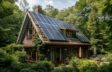 A house with solar panels on the roof, surrounded by greenery and trees in an urban area