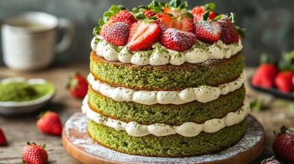 A delicious layered cake with green tea sponge, cream frosting, and fresh strawberries, beautifully presented on a wooden board.
