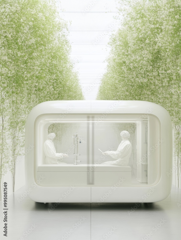 Poster futuristic mobile clinical laboratory in urban setting with scientists conducting tests
