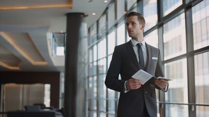 Fototapeta premium Confident businessman in modern office holding notepad with financial tips, exuding success and prosperity in professional environment.