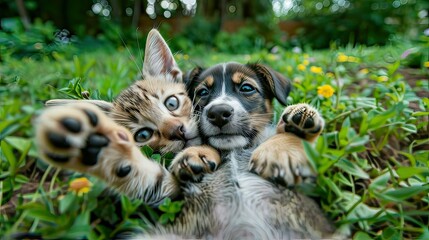 Obraz premium Two playful kittens and a puppy taking a selfie with big smiles, lounging on a lush green lawn.