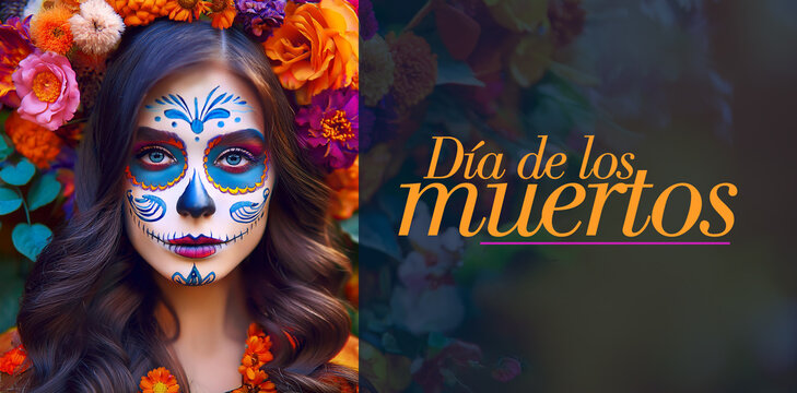 Pancarta con texto del D&iacute;a de los Muertos con joven maquillada con calavera. Ritos culturales. IA generativa. 