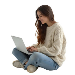 Smiling Young Woman Sitting Cross-Legged Using Laptop on Transparent Background
