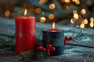 Two candles, one red and one black, are lit on a wooden table
