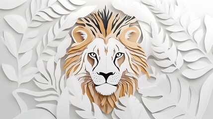 A captivating representation of a lion crafted from paper cut pieces, surrounded by elegantly designed leaves that enhance the overall artistry of this intricate illustration.