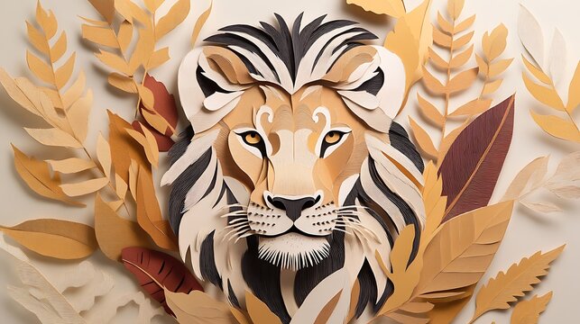 A captivating representation of a lion crafted from paper cut pieces, surrounded by elegantly designed leaves that enhance the overall artistry of this intricate illustration.