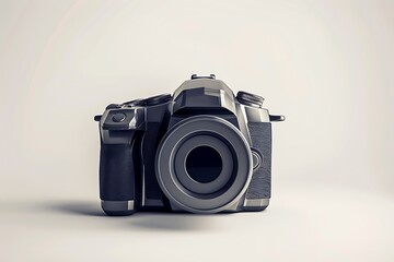 A modern icon of a camera with detailed features and sleek lines centered on a pristine white background