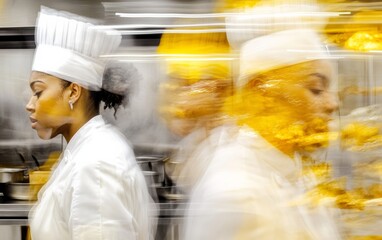 Dynamic Motion Blur of Chefs in a Fast-Paced Restaurant Kitchen Preparing Cultured Meat Dishes