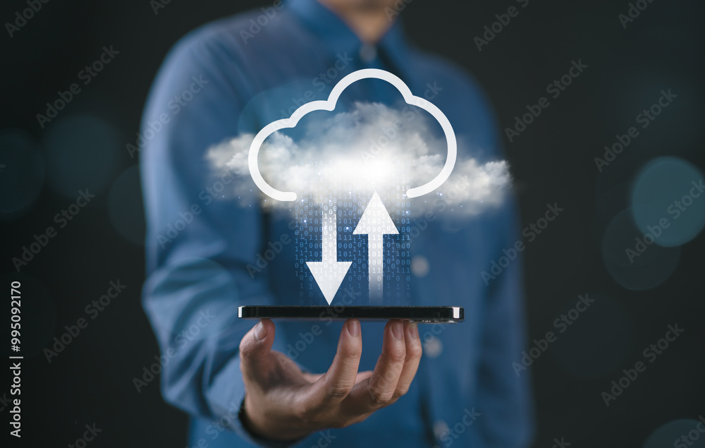 Aufkleber Hand holding smartphone with virtual cloud computing technology for uploading and downloading information data concept.