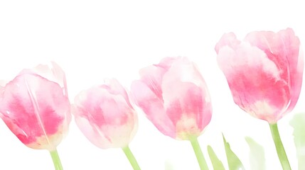 Fototapeta premium Watercolor Pink Tulips Spring Flowers Isolated White Background
