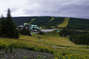 Panoramic scene of reddish saddle known as Cervenohorske sedlo at Jeseniky mountains in Northern Moravia, Czech Republic, Europe