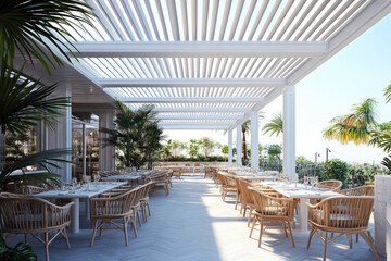 Fototapeta premium An outdoor dining area with white louvered panels on the roof