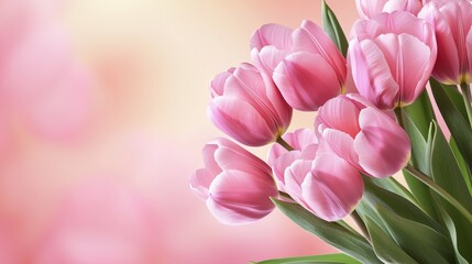 Obraz premium Pink greeting card with pink tulips. Floral background for text, photos, diplomas, invitations, letters, decor.