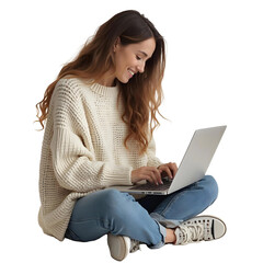 Smiling Young Woman Sitting Cross-Legged Using Laptop on Transparent Background