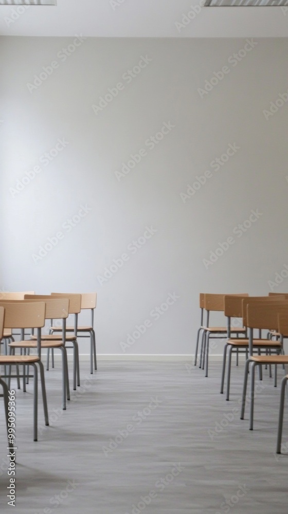 Poster Modern Minimalistic Classroom with Neutral Tones and Clean Lines in New Age Educational Setting