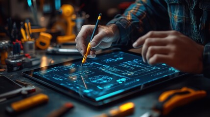 A focused individual using a stylus on a touchscreen device to manipulate a 3D CAD design, with construction tools scattered on the table
