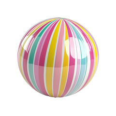 3D model of a cute beach ball with colorful stripes, round and shiny, white background isolated PNG